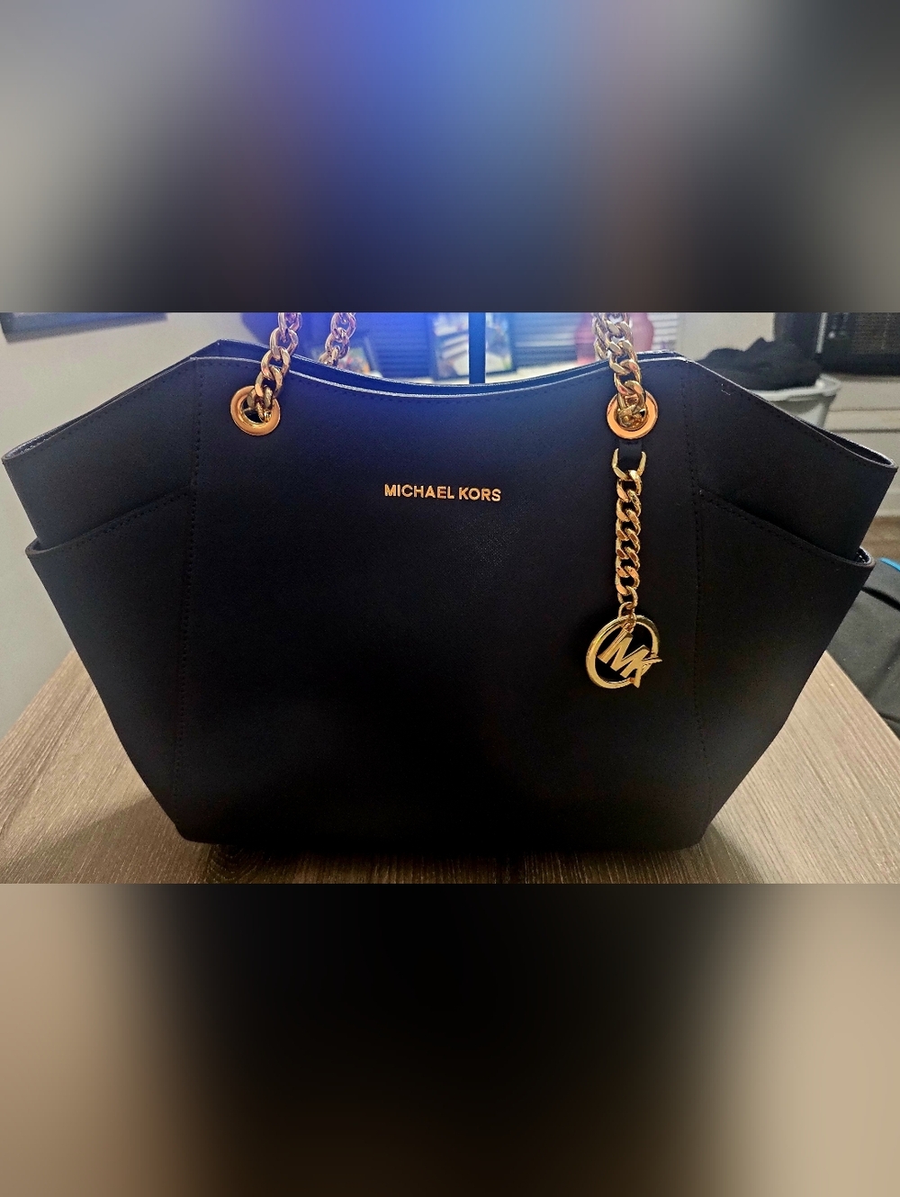 Authentic Michael Kors Jet Set Saffiano Leather Travel Bag Navy Blue/Gold